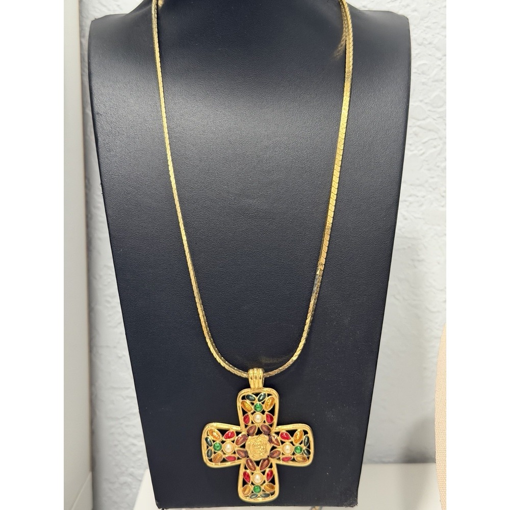 Vintage Gold Tone Multicolor Enamel Maltese Cross Pendant Necklace Faux Pearl